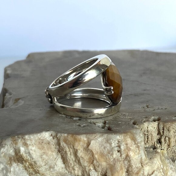 Signed Sterling Silver 925 Faceted Tigers Eye Split Shank Wide Band Ring 6.75 - Picture 3 of 16